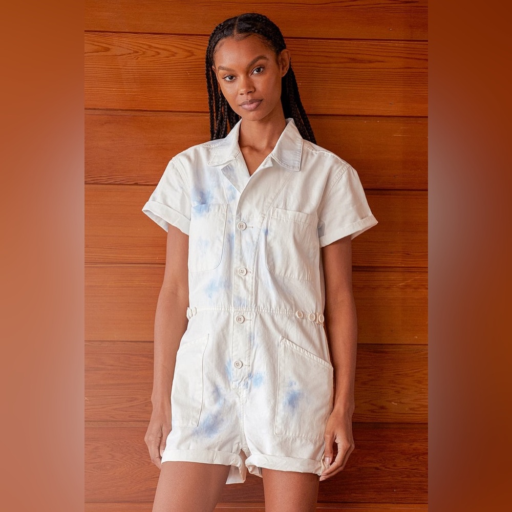 PISTOLA Parker blue & white tie-dye short sleeve romper
